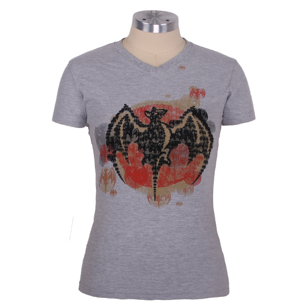 灰色蝙蝠印花女士V领短袖广告宣传T恤衫定制