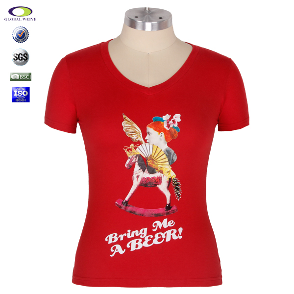 订制广告宣传衫红色人头马像印花纯棉V领短袖T恤衫女定制厂家