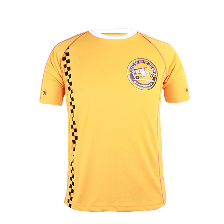 男士黄色全涤刺绣印花圆领短袖T恤衫定制厂家