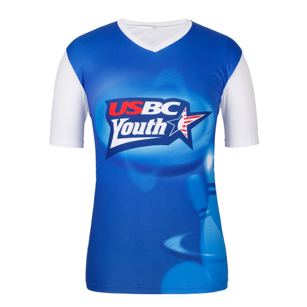 定制全涤男士蓝白拼接热升华印花V领短袖T恤衫